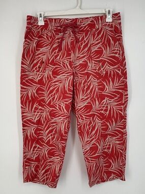 Palm Rio Womens Size 1X Pull-On Capri Pants Coral Red Tropical Palm Pockets